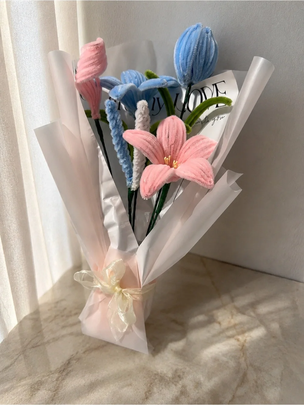 Handcrafted Pink & Blue Fabric Flower Bouquet - Home Accents
